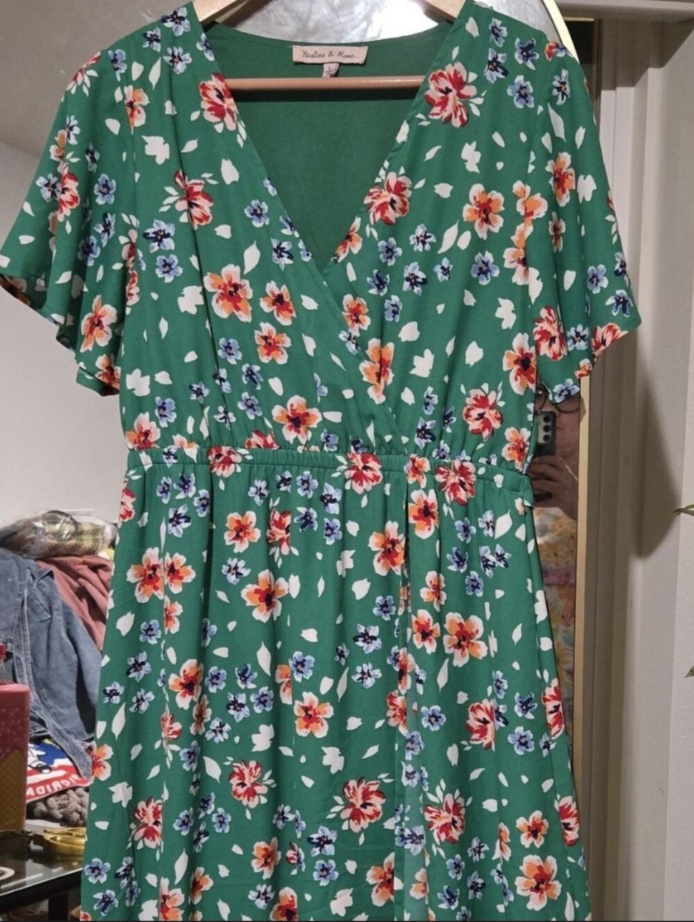 Harlow & Rose Green Floral Faux Wrap Midi Dress Flutter Sleeve Size L